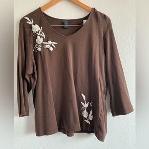 Van Heusen Brown Top with White Embroidery